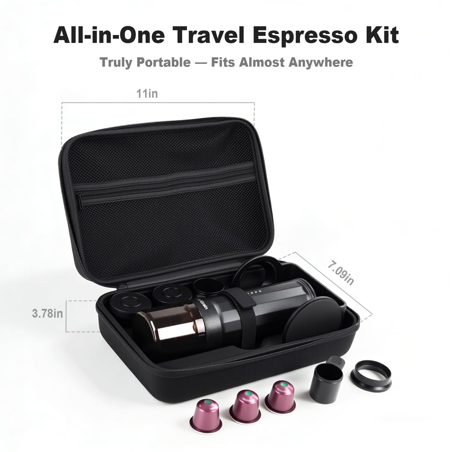 Citrigrain Portable Espresso Machine, Self-Heating Travel Coffee Maker with Fast Charging USB-C & Carrying Bag & Stand, for Ground Coffee & NS Capsules, for Camping, Hiking, RV, Office