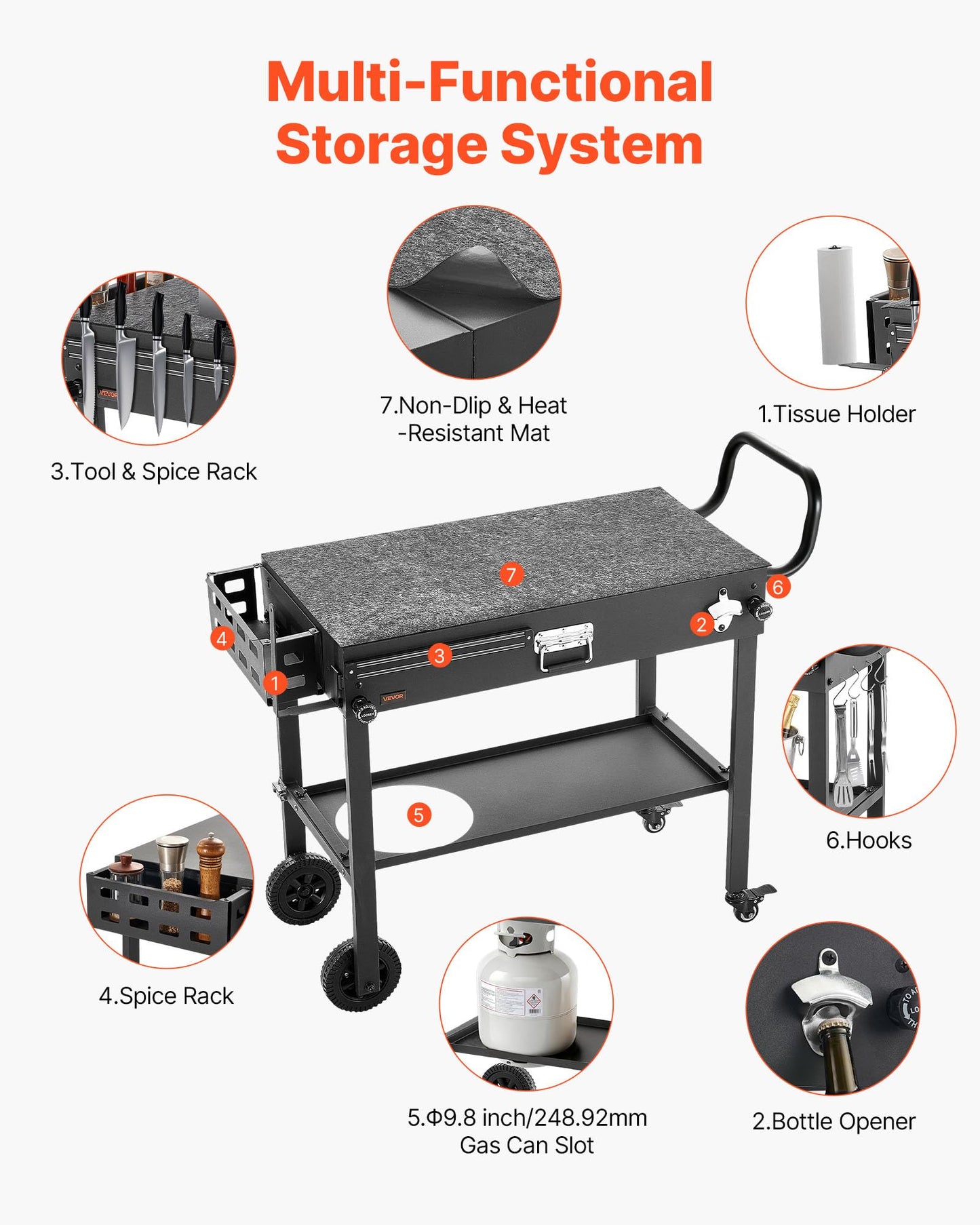 VEVOR Outdoor Grill Cart, 31.0 x 17.0 inch Tabletop Size Grilling Table, Foldable Outdoor Cooking Table with Tissue Holder, Wheels, Magnetic Tool Rack, BBQ Prep Tables for Picnic, Kitchen, Courtyard