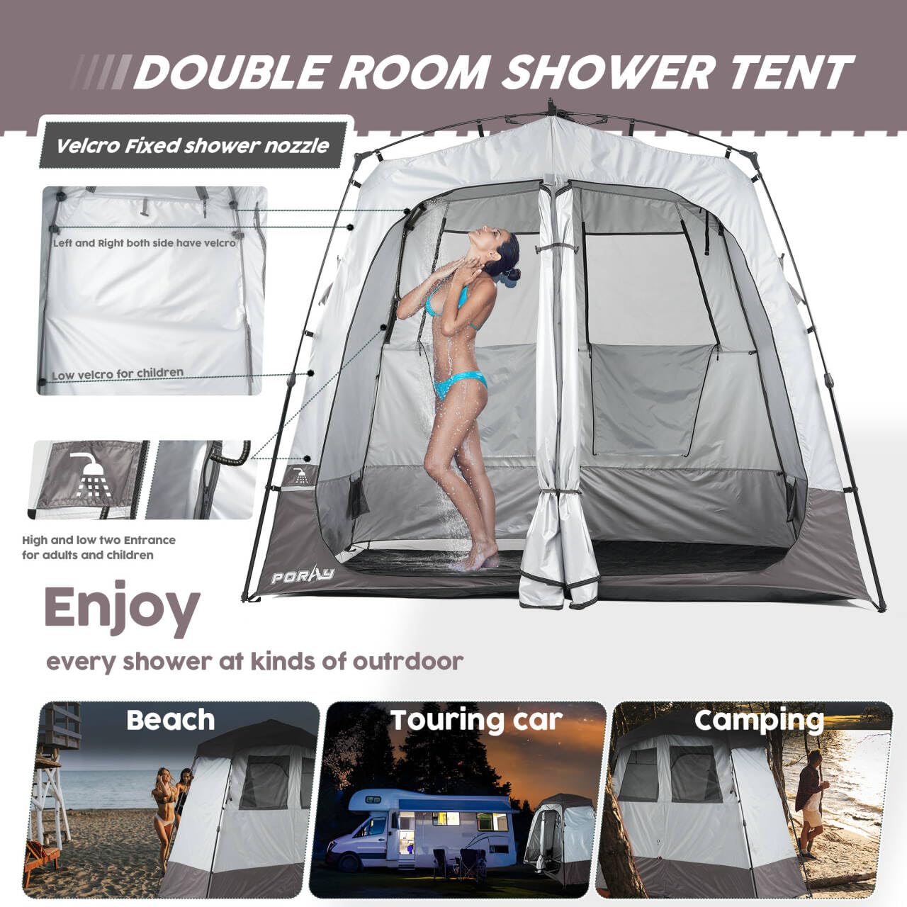 Porayhut Portable Camping Shower Tent Deluxe Changing Room Easy Set Up Privacy Shelter,Large Toilet Tent with Floor Drain Design for Beach, Camping,Hiking with 2 Rooms,Stakes and Ropes for Stability