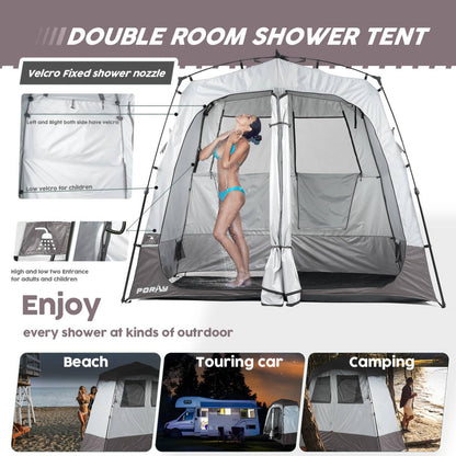 Porayhut Portable Camping Shower Tent Deluxe Changing Room Easy Set Up Privacy Shelter,Large Toilet Tent with Floor Drain Design for Beach, Camping,Hiking with 2 Rooms,Stakes and Ropes for Stability