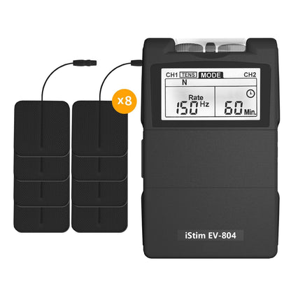 iSTIM EV-804 TENS/EMS 2 Channel Rechargeable Combo Machine Unit - Muscle Stimulator + Back Pain Relief and Management- 7 modes/24 Programs/Backlit (Including Electrodes Pads)