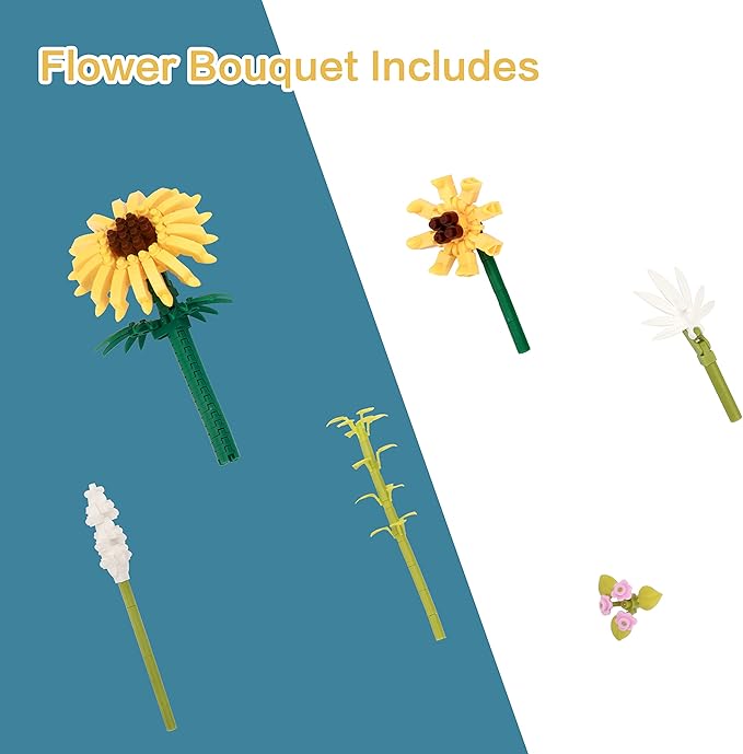 Sunflower DIY Building Blocks Kit - 545 PCS Botanical Flower Bouquet Micro Bricks for Adults and Ages 14+ Creative STEM Gift Home &amp Office Decor with Dust Cover