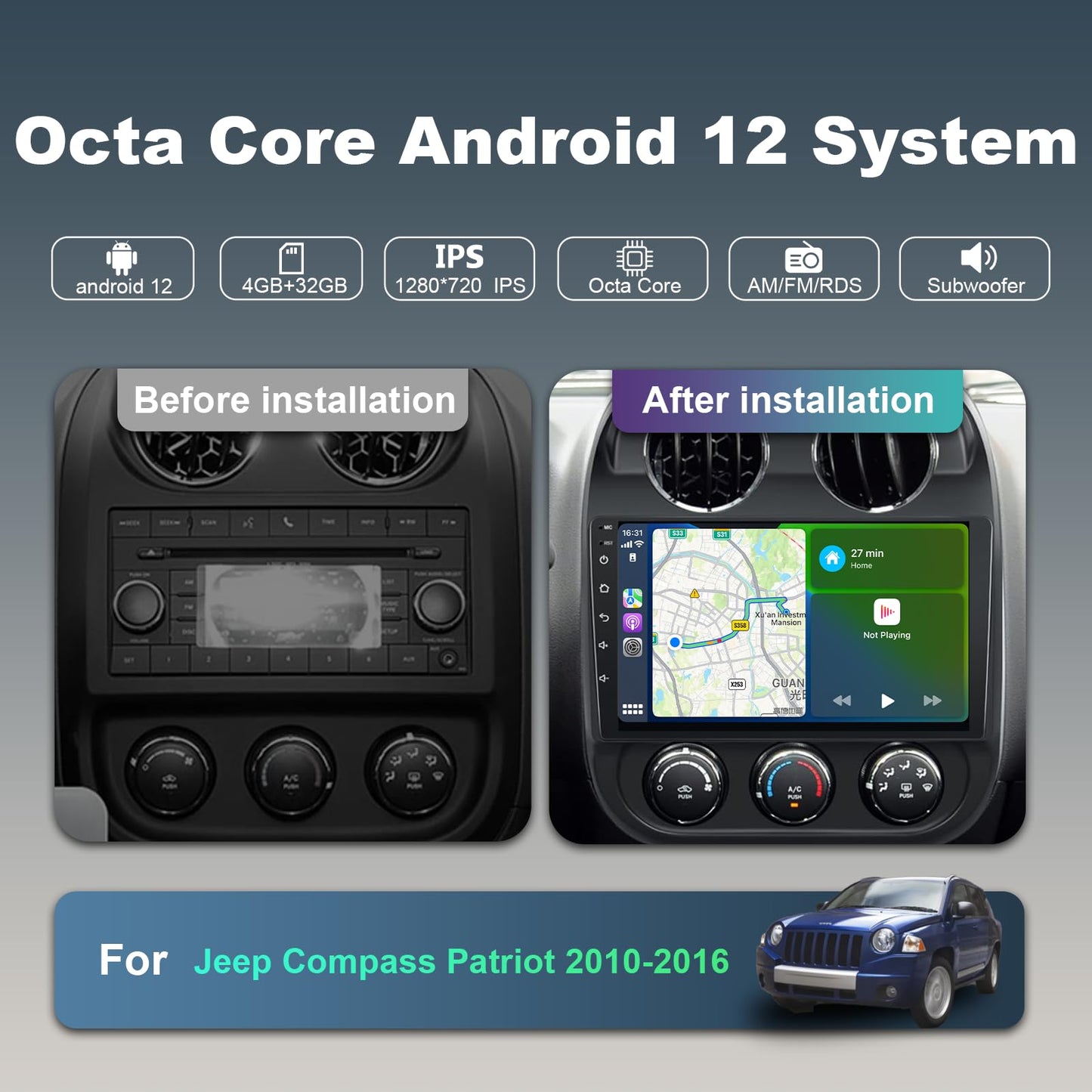 8 Core 4+32G Android Car Stereo for Jeep Compass Patriot 2010 2011 2012 2013 2014 2015 2016 with Wireless CarPlay/Android Auto, 10.1'' HD Touchscreen Car Radio with AM/FM/RDS/SWC Backup Camera WiFi