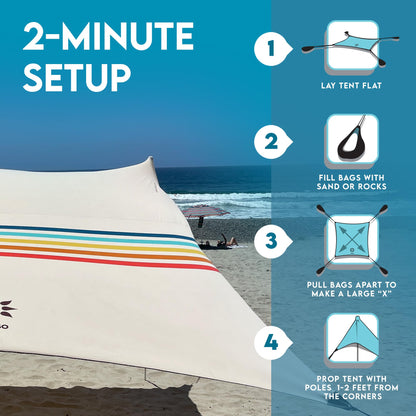 Neso Gigante Portable Beach Tent Sun Shelter - Lightweight Beach Shade Canopy - Easy Setup for Family Outings - Patented Reinforced Corners - UPF 50+ Sun Protection - 8ft Tall, 11 x 11ft - Rainbow