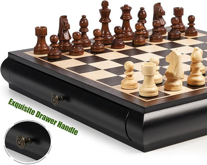 VAMSLOVE Wooden Chess Checkers Game Set 15.5 Large Size Board w/Storage Drawers Weighted Chess Pieces - 2 Extra Queens 3 King Gift for Birthday Housewarming Retirement - Black