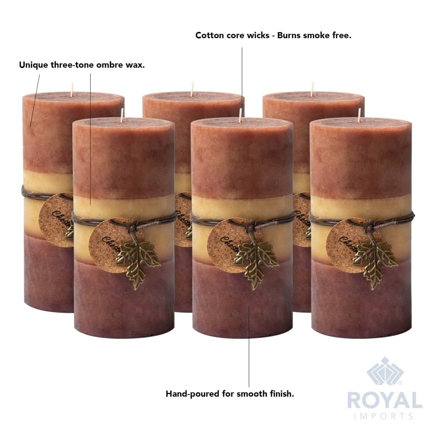Royal Imports 3"x6" Fall Pillar Unscented Candles for Thanksgiving, Autumn, Halloween and Harvest, Rustic Farmhouse Wedding & Holiday Home Decor, Dripless & Smokeless, Set of 6 - Brown Ombre Wax
