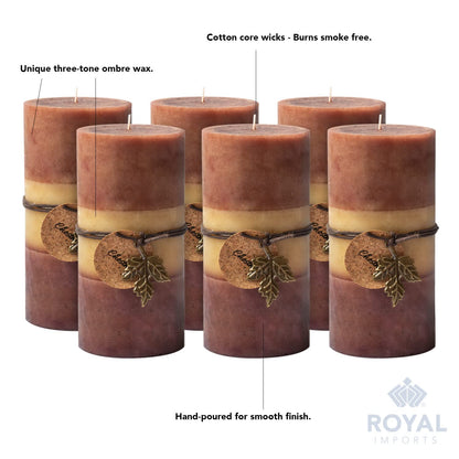 Royal Imports 3"x6" Fall Pillar Unscented Candles for Thanksgiving, Autumn, Halloween and Harvest, Rustic Farmhouse Wedding & Holiday Home Decor, Dripless & Smokeless, Set of 6 - Brown Ombre Wax