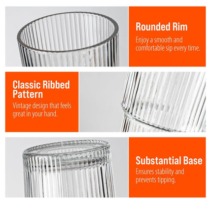 SUROQUE 20oz Ribbed Glass Tumblers with Lids & Straws, Ideal for Iced Coffee, Cocktails & More - Includes Cleaning Brush