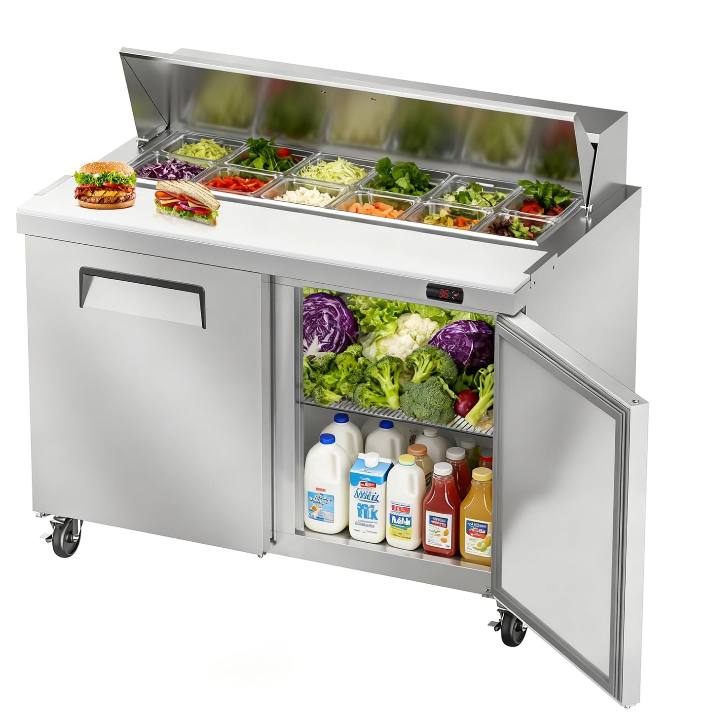 Bluelinecool 48" W Commercial Refrigerator Sandwich Salad Prep Table, Stainless Steel 2-Door Sandwich Prep Table Refrigerator, Counter Fan Cooling Refrigerator with 12 Pans for Restaurant, Bar