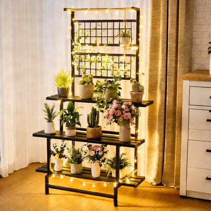 YOBAZAN 3-Tier Metal Plant Stand with Hanging Shelf – Heavy Duty, Waterproof Indoor & Outdoor Flower Rack for Multiple Pots, Balcony, Garden, Living Room – Black