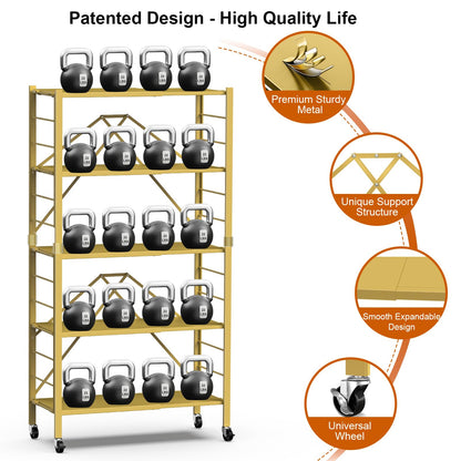 5 Tier Foldable Storage Shelves, Expandable Folding Shelving Units with Wheels, Changeable into 2 Shelf Units, Collapsible Adjustable Storage Rack Metal Shelves for Storage, Pantry, Garage, Gold