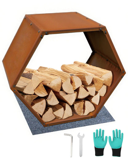 RUIJIU Firewood Log Rack Heavy-Duty, Corten Steel Firewood Rack with Hexagon Design, Fire Log Stacker for Wood Storage, Wood Holder for Outdoor Indoor