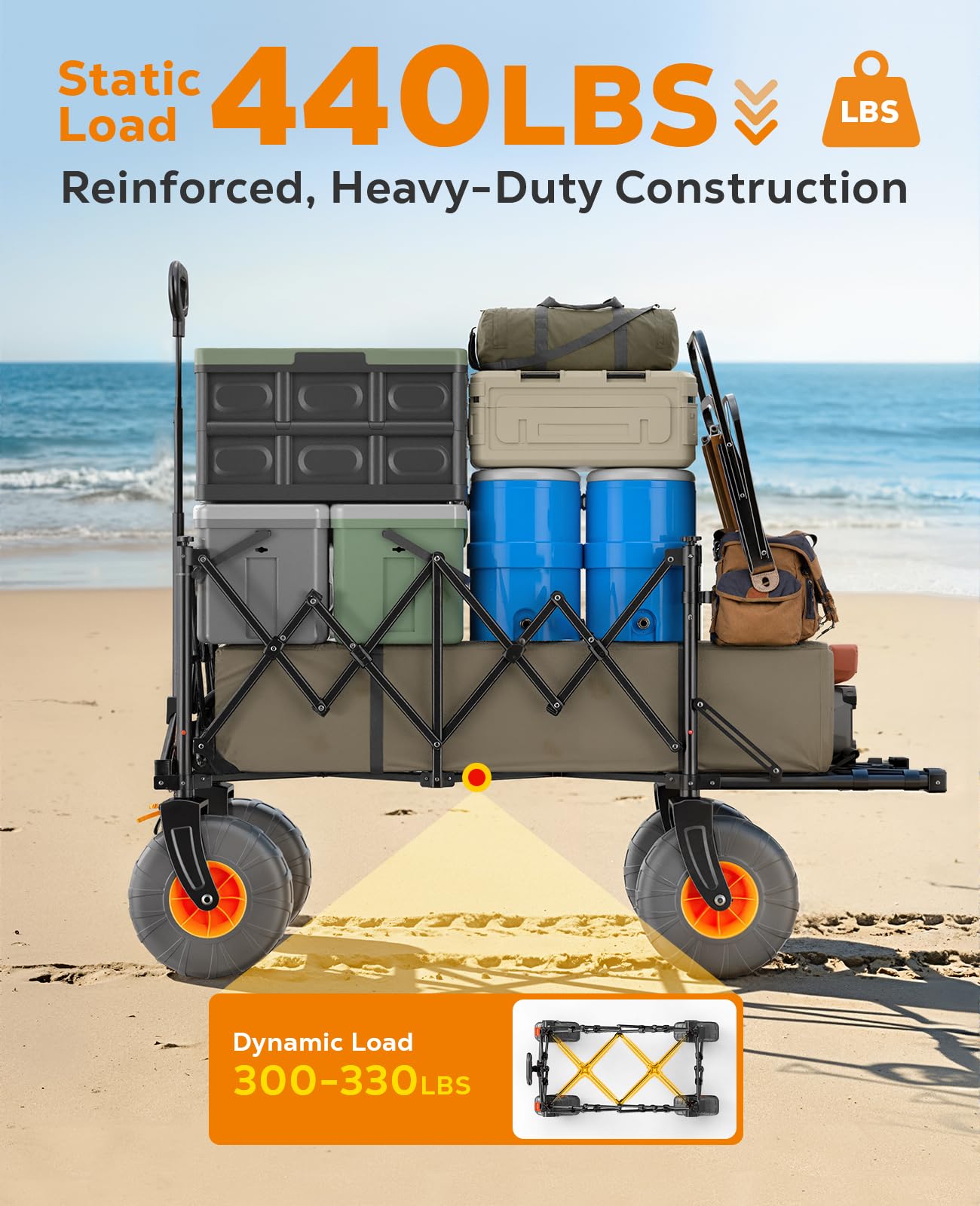Beach Wagon with Big Wheels for Sand, 440lbs Wagons Carts Foldable with 9x4 All-Terrain Wheels, Rear Tailgate, 200L Capacity, Heavy Duty Collapsible Beach Cart for Garden Sports Camping Outdoor, Blue