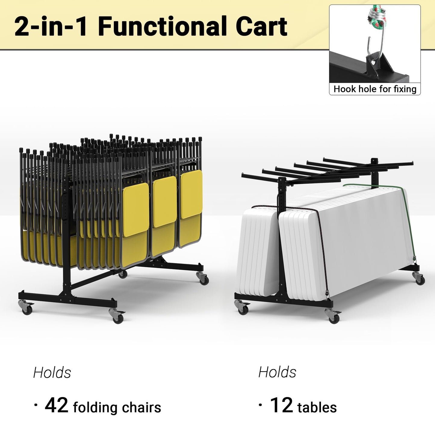 Eastrexon Folding Chair Rack, Heavy-Duty Folding Chair Cart with Swivel Wheels, 600 LBS Capacity for 12 Tables or 42 Chairs, Chair and Table Cart w/Dust Cover and 2 Binding Ropes, 72”L x 33”W x 42”H