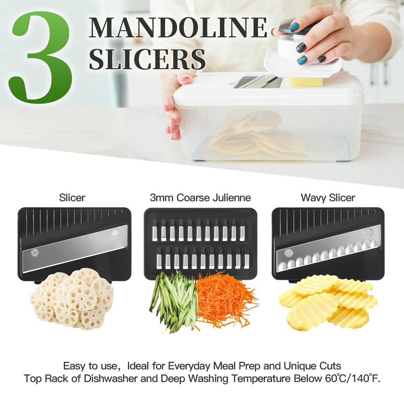 14-In-1 Chopper Vegetable Cutter with 7 Blades, Vegetable Chopper with Container and Lid, Mandoline Slicer for Kitchen, Veggie Slicer for Salad, Cheese Grater, Kitchen Gadgets Accessories Essentials