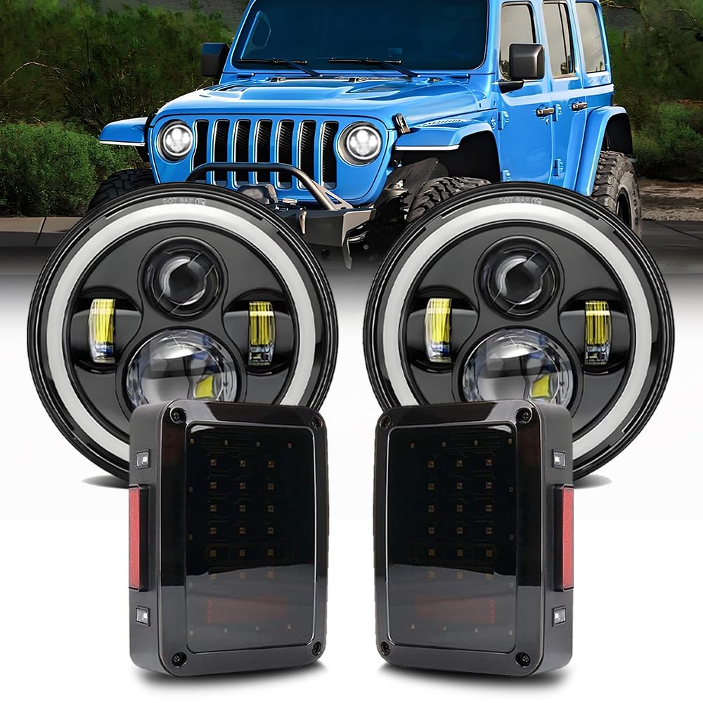 Jeep wrangler headlight,Jeep JK Tail Lights,7" LED Headlights with Smoked Tail Lights for Jeep Wrangler TJ LJ JK JKU 1997–2020 | High Output Lighting Kit, Street Legal, Easy Plug & Play Install