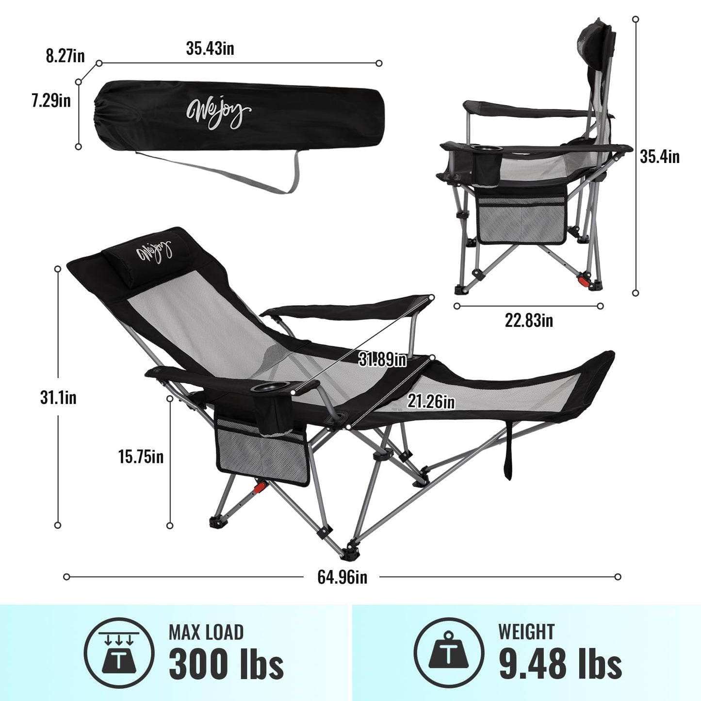 #WEJOY 2-in-1 Reclining Camping Chair with Footrest for Adults Folding Lounge Chair with Adjustable Backrest Lightweight Camping Chairs Heavy Duty Camp Chairs for Outdoor (2 Pack Black Grey)