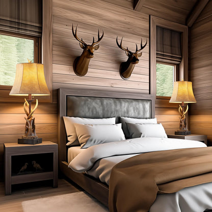BOWOBO Antler Table Lamps Set of 2 with USB A+C Ports for Bedroom Farmhouse Deer Rustic Bedside Lamps with Faux Leather Bell Shade for Living Room End Table Hunting Themed Cabin Lamp Pull Chain