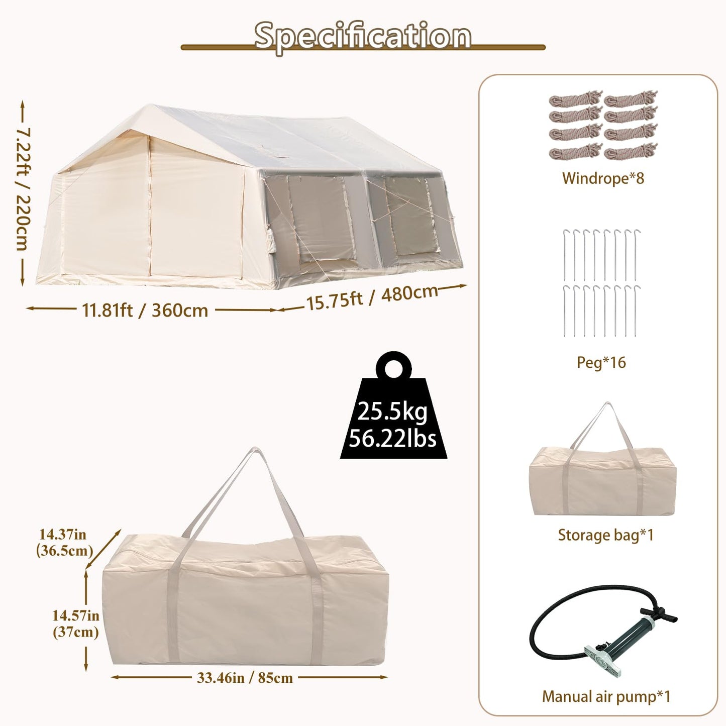 WaldZimmer 17sq Beige Inflatable Camping Tent with Hand Pump Easy Setup Waterproof Windproof Outdoor Blow up Tent 8-12 Person Oxford 4 Season Glamping Air Tents Cabin House with Mesh Windows & Door