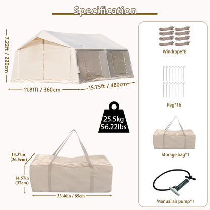 Inflatable Tent for Camping with Rainfly, 8-12 Person Easy Setup Air Tent with 2 Rooms & Hand Pump, 4 Season Glamping Tent with Stove Jack, Large Family House Tent for Outdoor Camping