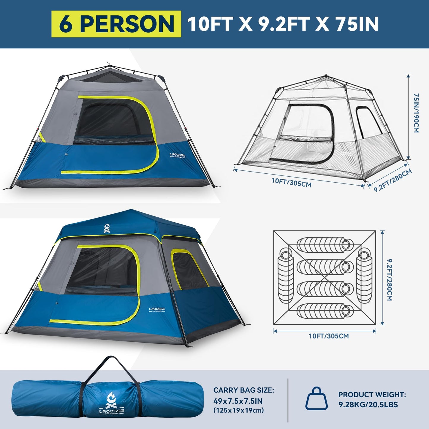 6 Person Instant Cabin Tent, Quick & Easy Setup Automatic Camping Tent, Waterproof Windproof Family Tent with Top Rainfly and Carry Bag, Portable Outdoor Shelter for Hiking & Traveling