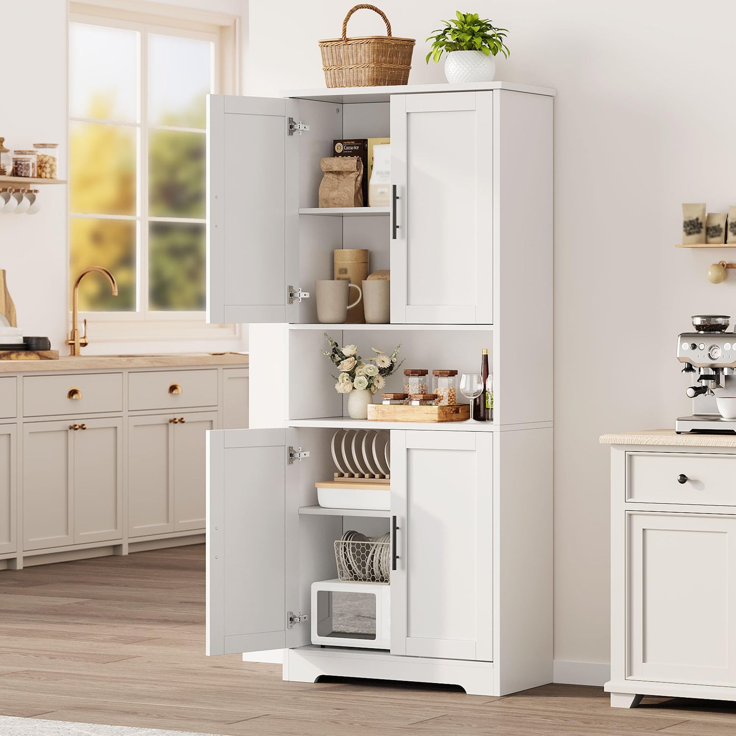 GarveeHome 70in Tall Kitchen Pantry Cabinet, Storage Cabinet with Doors and Adjustable Shelves, Freestanding Cupboard for Living Room, Dining Room, Bathroom, White