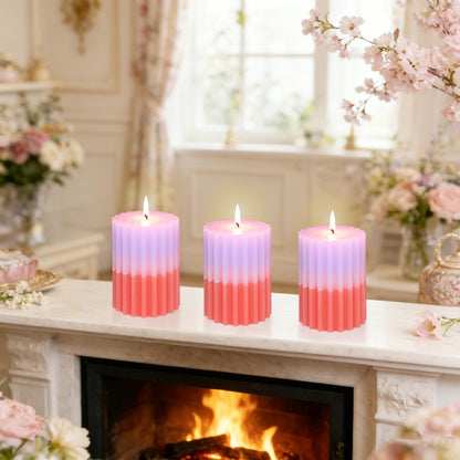 FLAVCHARM Ribbed Pillar Candles Purple Coral Gradient Vanilla Scented 3x4 Inch Candle Handmade Striped Aesthetic Retro Textured Pillar Candle for Boho Home Decor, Coffee Table, Weddings Party, 3-Pack