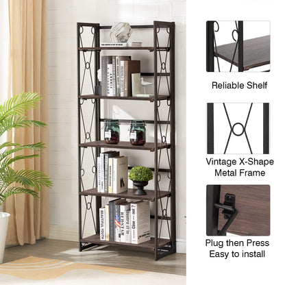 VECELO Folding Bookshelf,5 Shelf Bookcase No Assembly, Industrial Metal Frame Shelves Rack Organizer for Living Room, Office,Walnut 2 Set