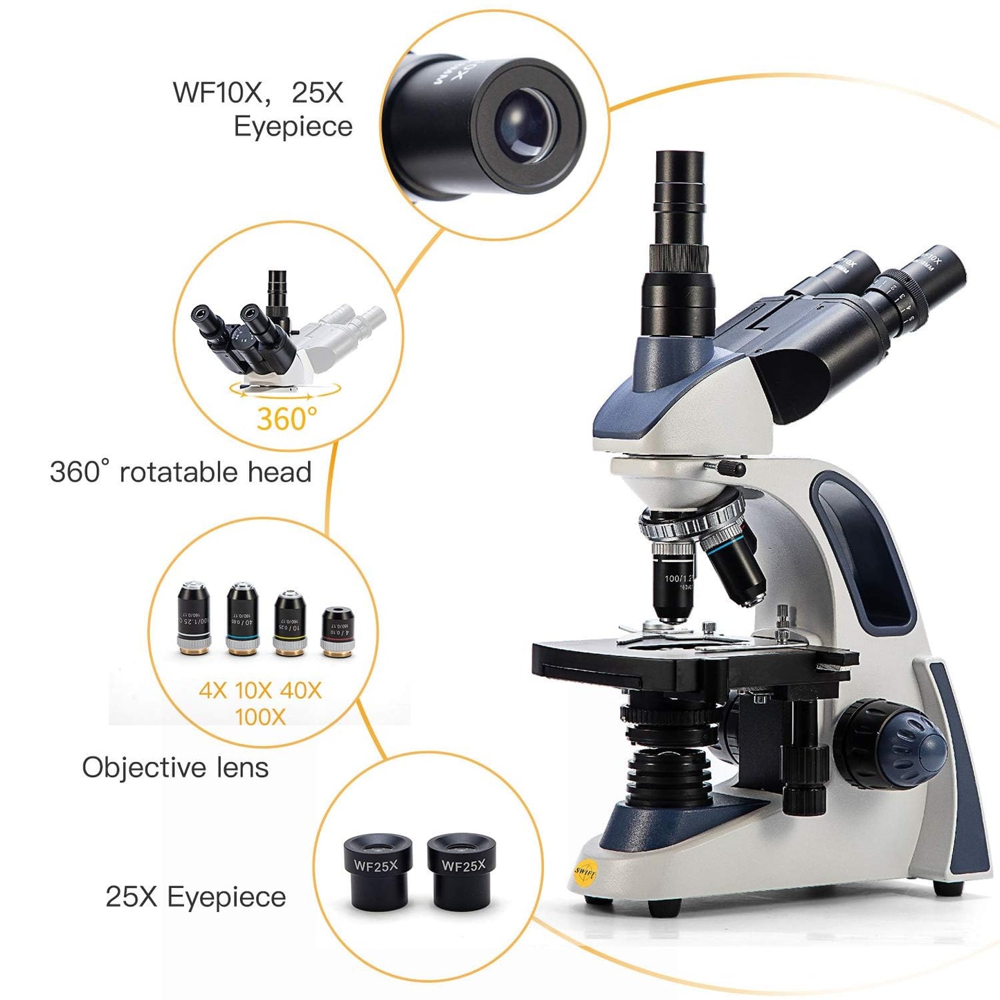 Swift SW380T 40X-2500X Research-Grade Trinocular Compound Lab Microscope with 2.0mp Camera and Software Windows and Mac Compatible and Slides