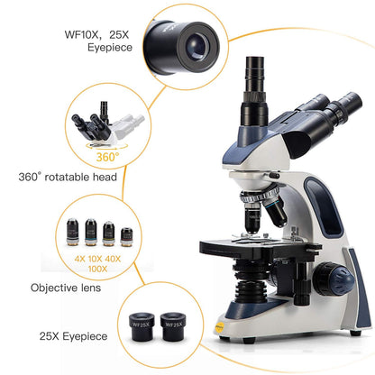 Swift SW380T 40X-2500X Research-Grade Trinocular Compound Lab Microscope with 2.0mp Camera and Software Windows and Mac Compatible and Slides