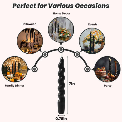 4 Pack 7 Inch Black Spiral Taper Candles, Unscented Dripless Twisted Fat Candlesticks for Home Décor Party Halloween Celebrations