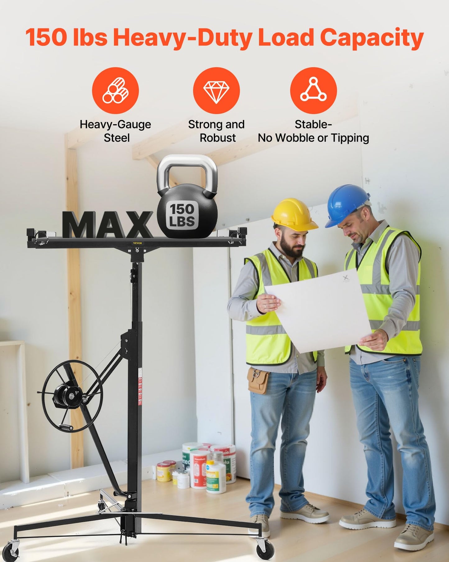 VEVOR 11ft Drywall Lift, Heavy-Duty 150 lbs Sheetrock Hoist with Adjustable Telescoping Arm, Lockable Wheels, Drywall Lifter Panel Jack Hoist Tools Ideal for Ceiling & Wall Installation (Black)