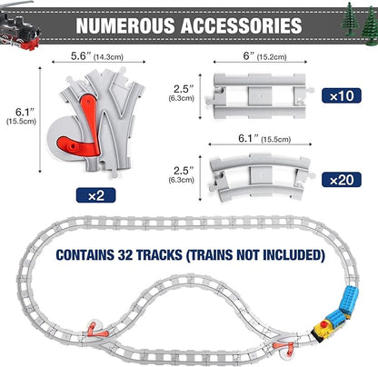 32 Pieces Train Tracks Classic Railway Track with 20 Curved Tracks 10 Straight Tracks and 2 Switches Tracks - Compatible with All Major Brands Toy Track Accessory for Kid Light Grey