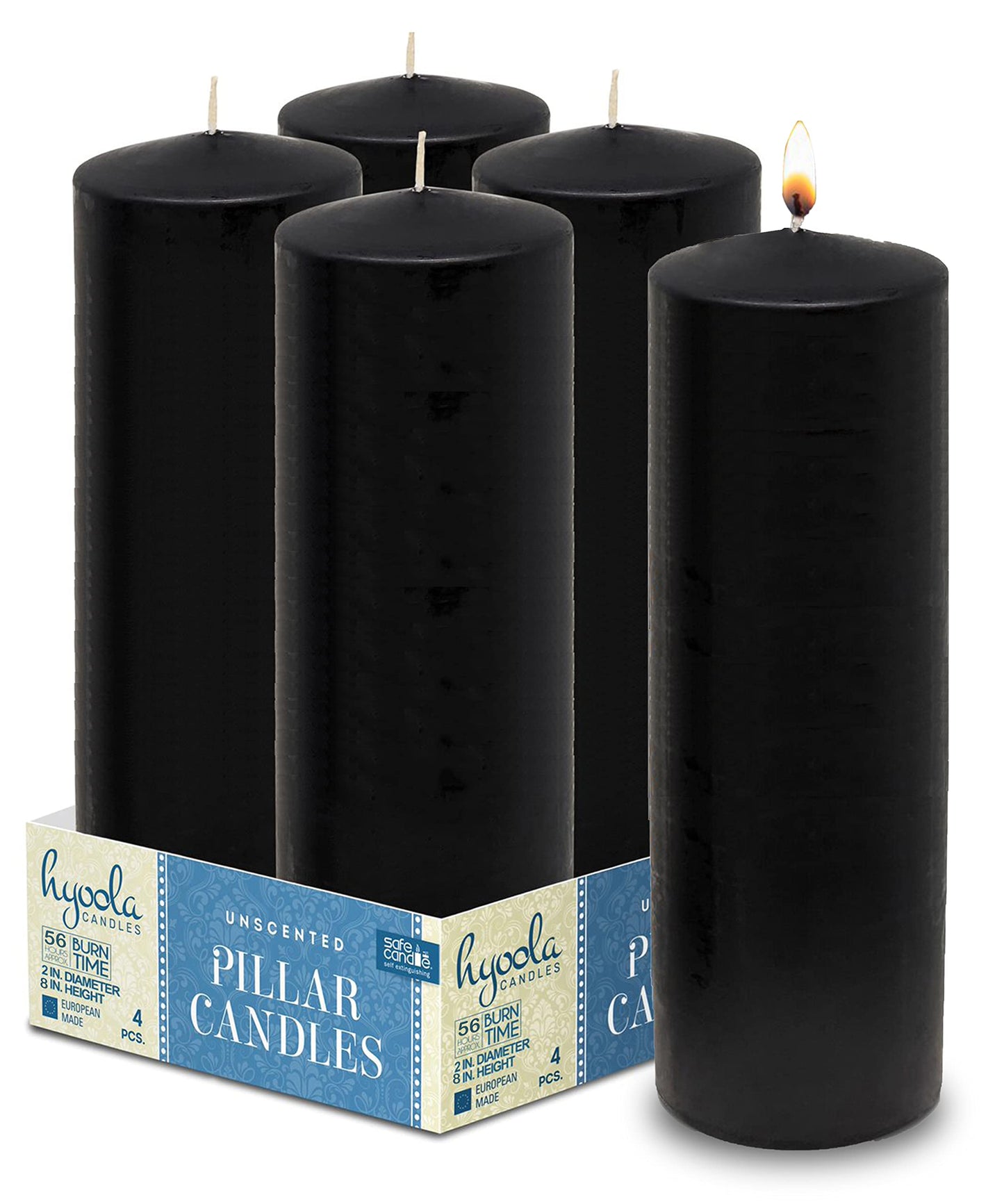 Hyoola Black Pillar Candles 2x8 Inch - 4 Pack Unscented Pillar Candles - European Made