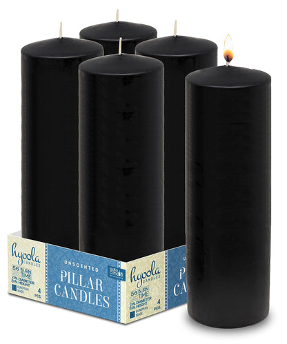 Hyoola Black Pillar Candles 2x8 Inch - 4 Pack Unscented Pillar Candles - European Made