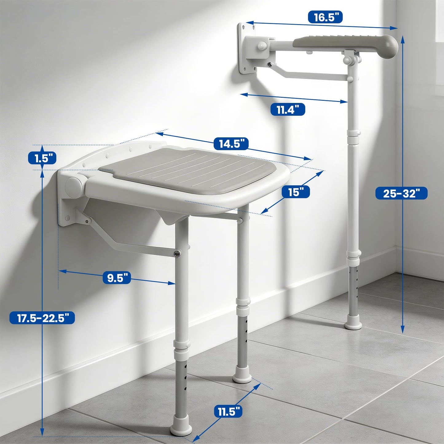 Caredear Folding Shower Seat with Adjustable PU Grab Bar, 550lbs Heavy Duty Fold Down Bath Bench with Legs, Non-Slip Comfort Grip and Removable Cushion, Wall Mounted Chairs for Seniors