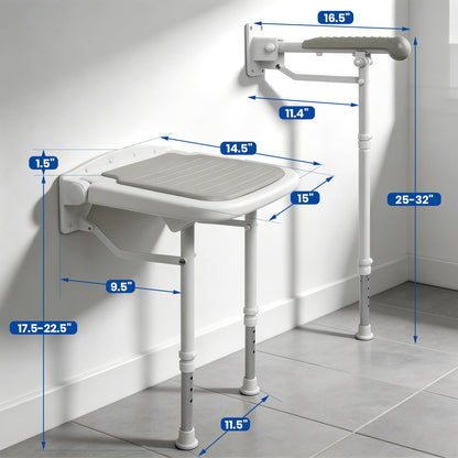 Caredear Folding Shower Seat with Adjustable PU Grab Bar, 550lbs Heavy Duty Fold Down Bath Bench with Legs, Non-Slip Comfort Grip and Removable Cushion, Wall Mounted Chairs for Seniors