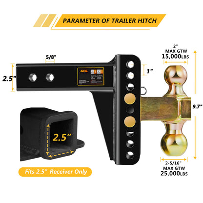 Adjustable Trailer Hitch, Fits 2.5-Inch Receiver, 6-Inch Drop/Rise,2" & 2-5/16" Ball Hitches for Trucks, 22,000 LBS GTW - Receiver Hitch with Anti-Theft Pin, Solid Ball Mount, BLK,X-452506