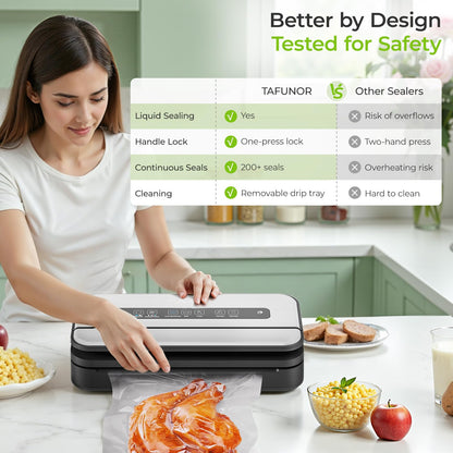 Vacuum Sealer, 90Kpa Food Vacuum Sealer Machine Built-in Cutter & Bag Storage, Food Preservation Dry/Moist/Liquid Mode, Sauces and More, Handle Locked Design Includes 2Roll + 5 Bags