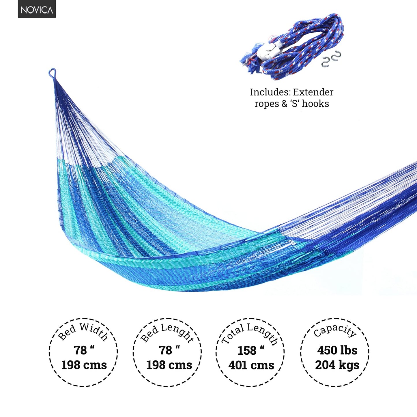 NOVICA Artisan Cool Lagoon Striped Mayan Hammock, Handmade Blue and Green Nylon Rope Double Hammock from Mexico, Bed 78" L x 78" W, Total 158" L