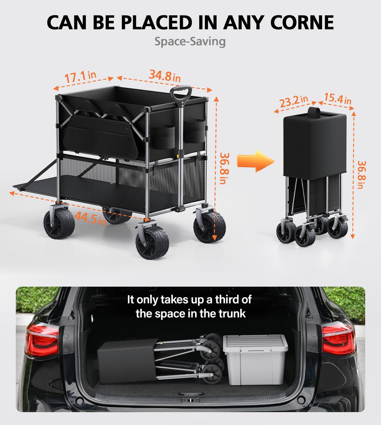 Everyfun 480Lbs Foldable Double Decker Wagon Cart,Beach Carts with Large Wheels&Side Storage Pocket&Dustbag,Large Capacity Folding Wagon for Shopping,Garden,Camping,Fish,Sports-Black