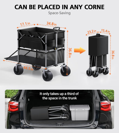 Everyfun 480Lbs Foldable Double Decker Wagon Cart,Beach Carts with Large Wheels&Side Storage Pocket&Dustbag,Large Capacity Folding Wagon for Shopping,Garden,Camping,Fish,Sports-Black