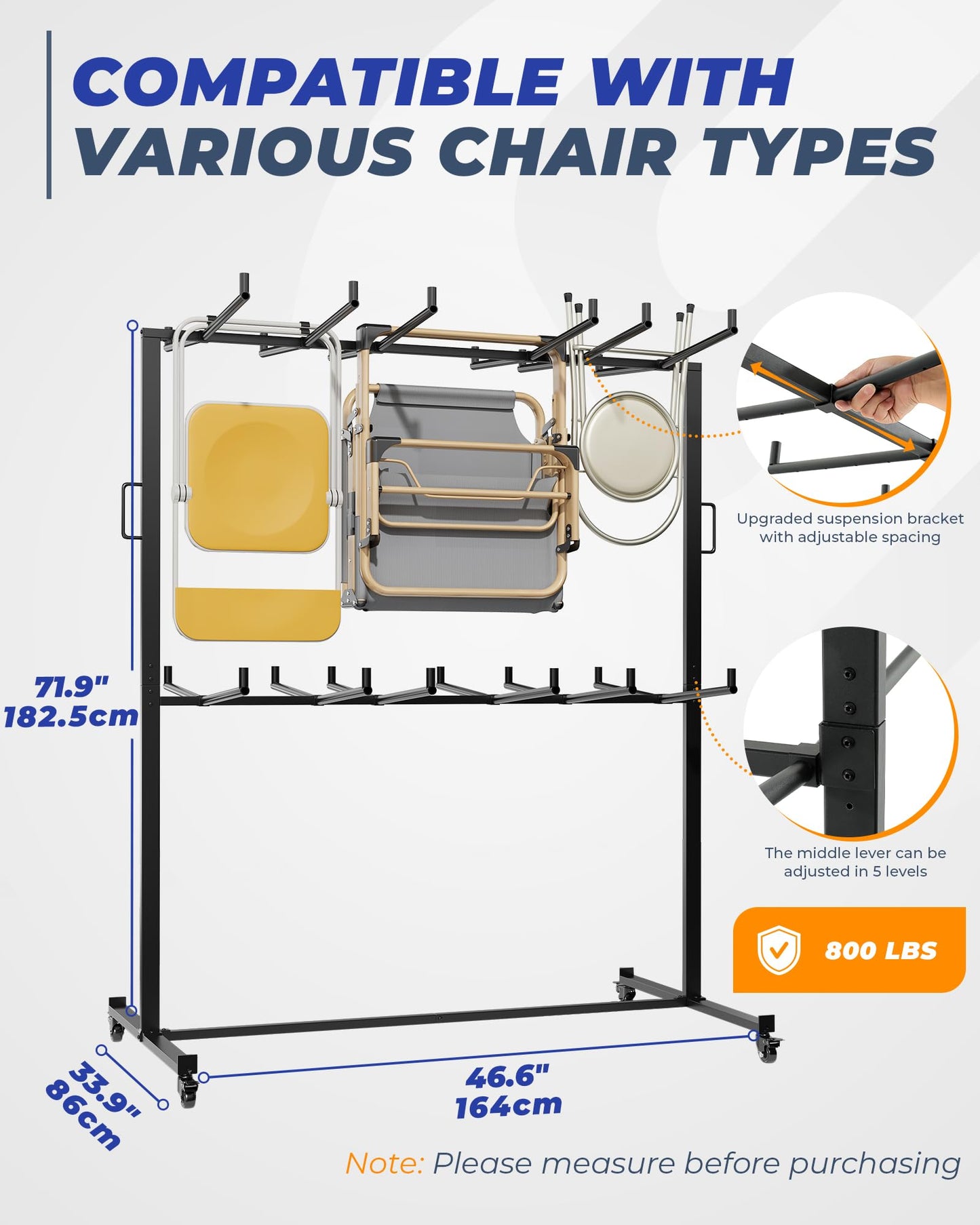 Folding Chair Rack, Holds 84 Chairs or 12 Tables, Easy to Assemble Folding Chair Cart on Wheels,Includes Dust Cover, Elastic Cords