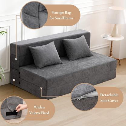 HOMFINE Folding Sofa Bed - Convertible Sleeper Chair with Pillow, Fold Out Couch, Memory Foam Floor Mattress, Futon Couch, Lazy Sofa for Living Room/Dorm/Guest Room/Home Office, Queen, Grey
