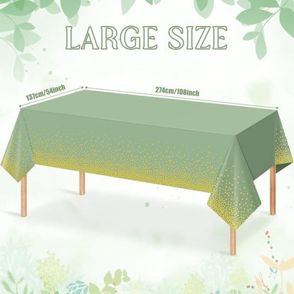 FunnyPars 3 Pack Sage Green and Gold Plastic Tablecloth, Green Disposable Table Cloth for Rectangle Tables, Gold Dot Light Green Tablecloth for Baby Shower Birthday Wedding Party Decorations, 54"x108"