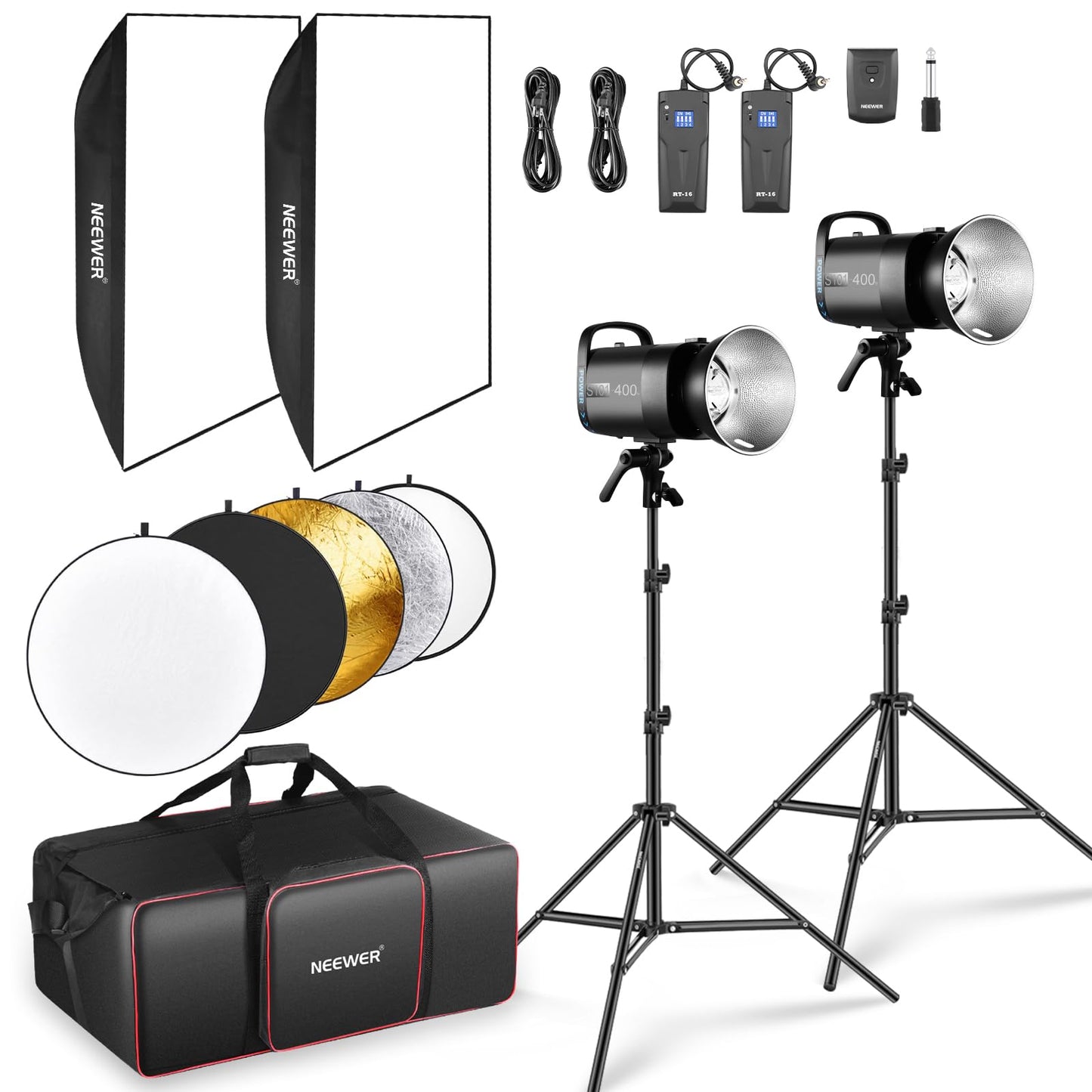 NEEWER 800Ws Studio Monolight Flash Light Kit (2 Pack), S101-400W 5600K Strobe Light with 150W Modeling Lamp/Bowens Mount/Softbox/Stand/Reflector/RT-16 Trigger/Bag for Portrait Product Photography
