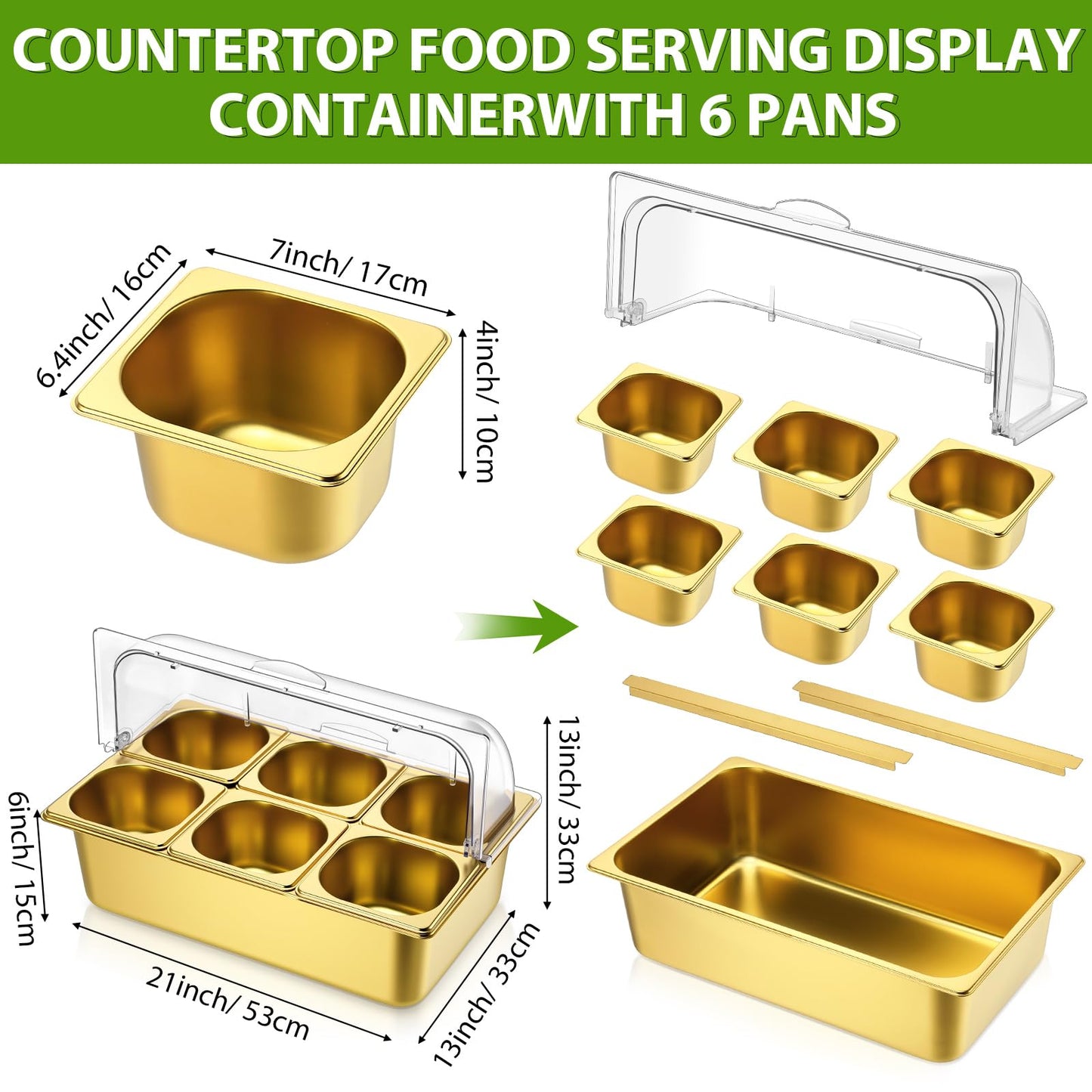 Ziliny Countertop Food Serving Display Container Clear Roll Top Cover 6 Pan Stainless Steel Ice Food Buffet Server Salad Bar Pizza Topping Station Condiment Dispenser Restaurant Kitchen Party(Gold)