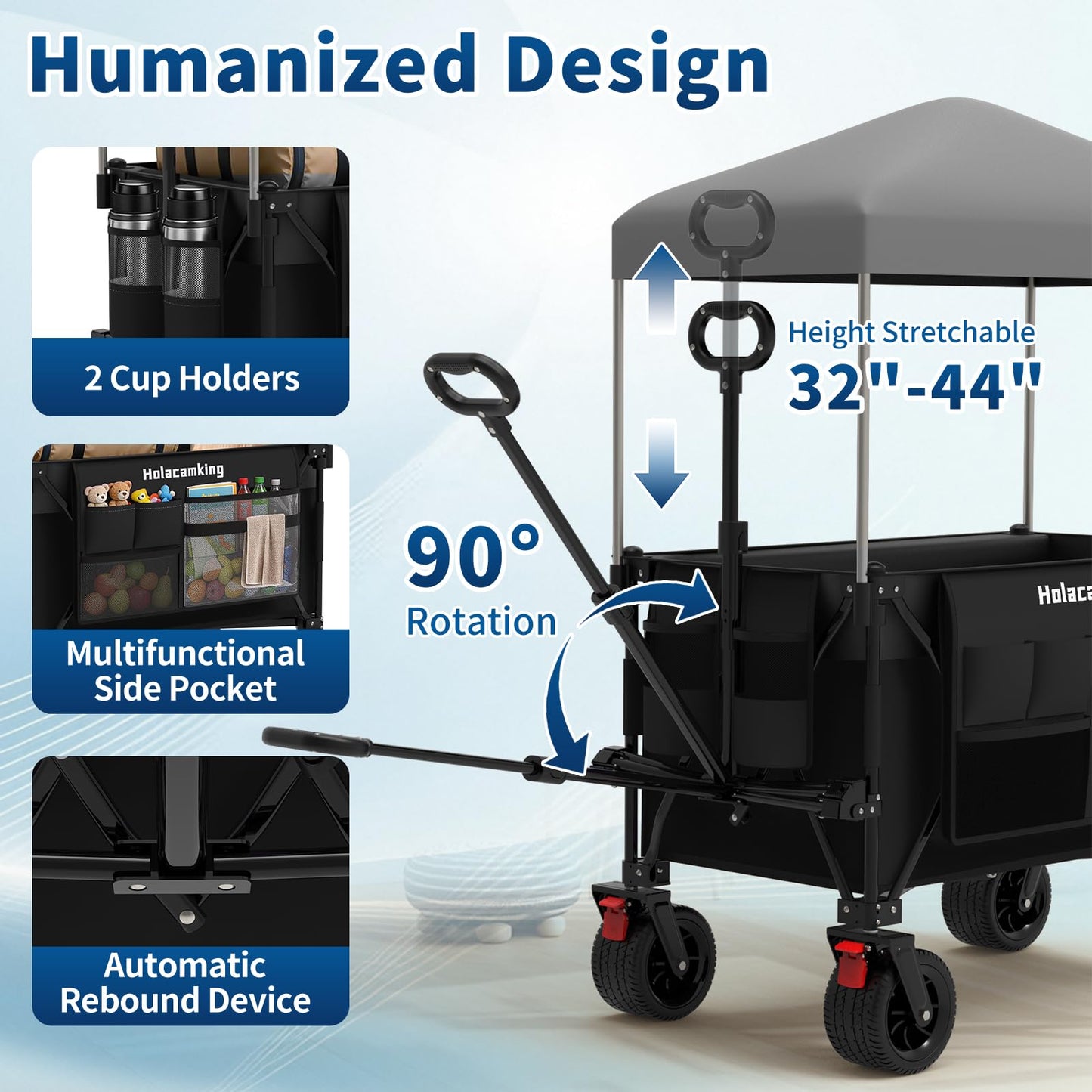 Holacamking Collapsible Canopy Wagon Cart, Heavy Duty Utility Wagon with Removable Sun Cover, All-Terrain Big Wheels, Dual Brakes, Extra Large Grocery Cart for Beach Camping Sports Tailgates, Black