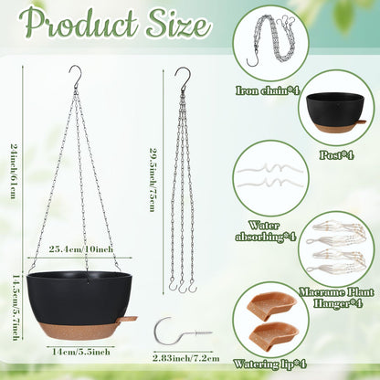 Sliner Set of 4-10 Inch Self Watering Hanging Planters Includes Hanging Pots and Outdoor Hanger Plant Pots with Drainage Holes 2 Types of Hanger Basket Hooks for Patio Garden(Black Brown)