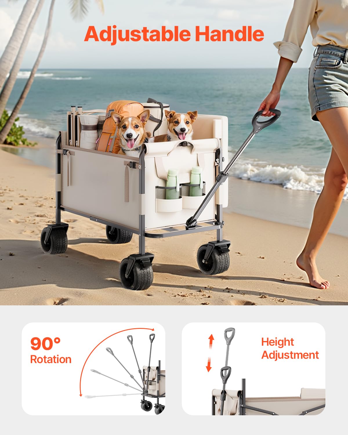 VEVOR 3-in-1 550lbs/220L Large Collapsible Folding Wagon, Convert to Bench, Foldable Beach Wagon with Wheels for Sand, Outdoor Utility Wagon for Groceries, Camping, Sports, Shopping